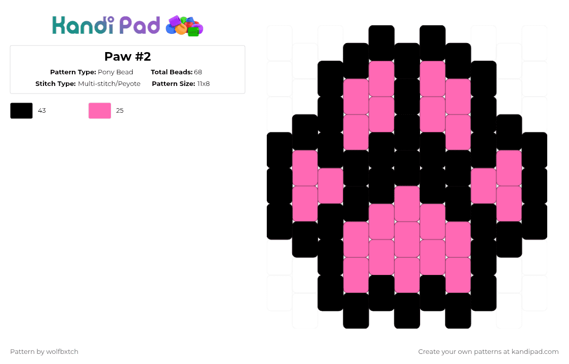 Paw #2 - Pony Bead Pattern by wolfbxtch on Kandi Pad - black,pink,paw,charm,animal