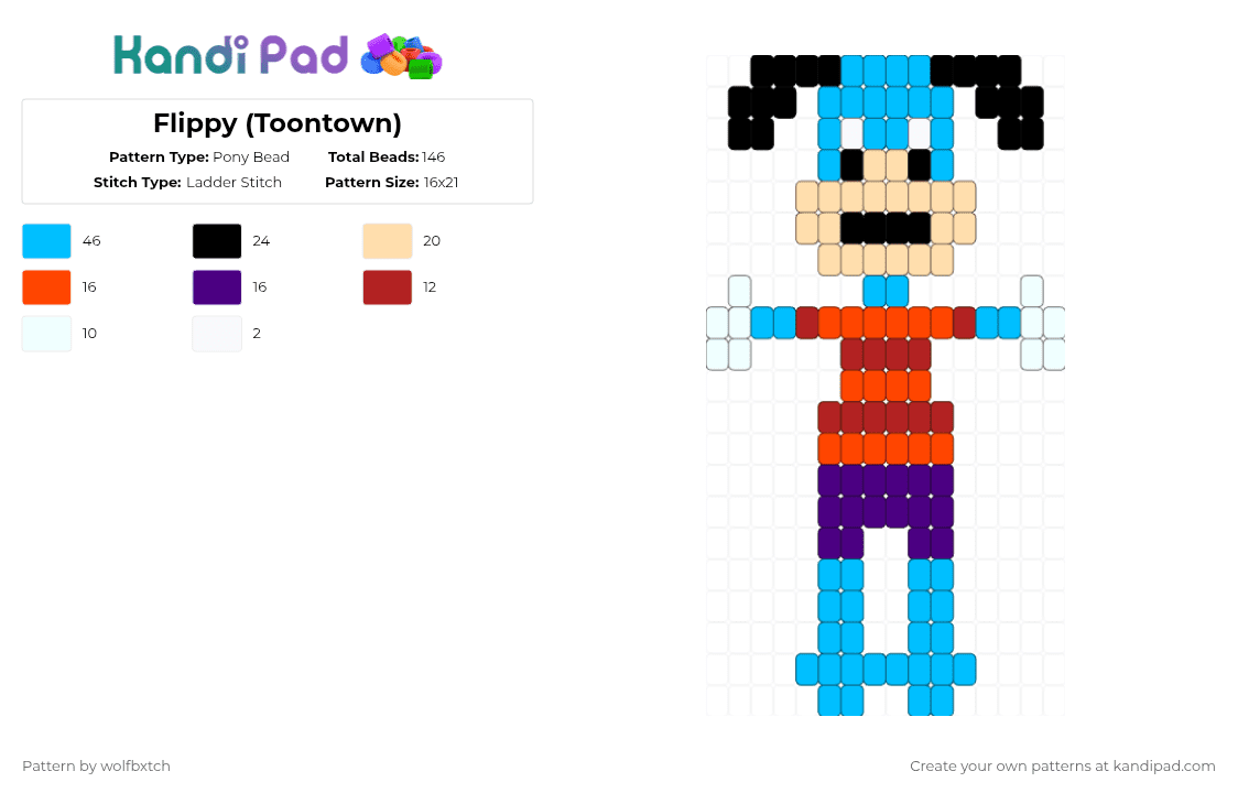 Flippy (Toontown) - Pony Bead Pattern by wolfbxtch on Kandi Pad - light blue,red,gaming,toontown,dog,toon,cartoon,disney,blue