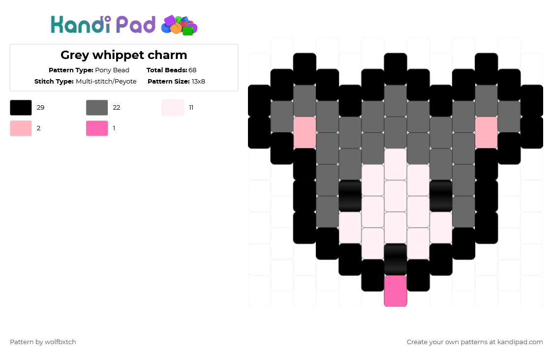 Grey whippet charm - Pony Bead Pattern by wolfbxtch on Kandi Pad - gray,whippet,dog,puppy,charm,grey,white,black,pink