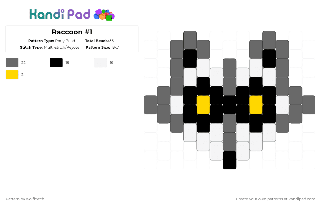 Raccoon #1 - Pony Bead Pattern by wolfbxtch on Kandi Pad - raccoon,trash panda,mammal,animal,gray,charm,grey,black,yellow