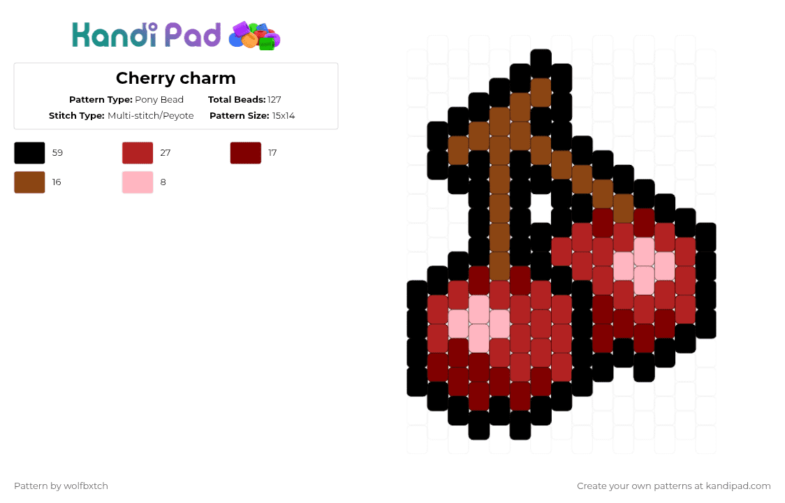 Cherry charm - Pony Bead Pattern by wolfbxtch on Kandi Pad - cherries,charm,animal crossing,game,food,gaming,video game,red,cherry,fruit,brown