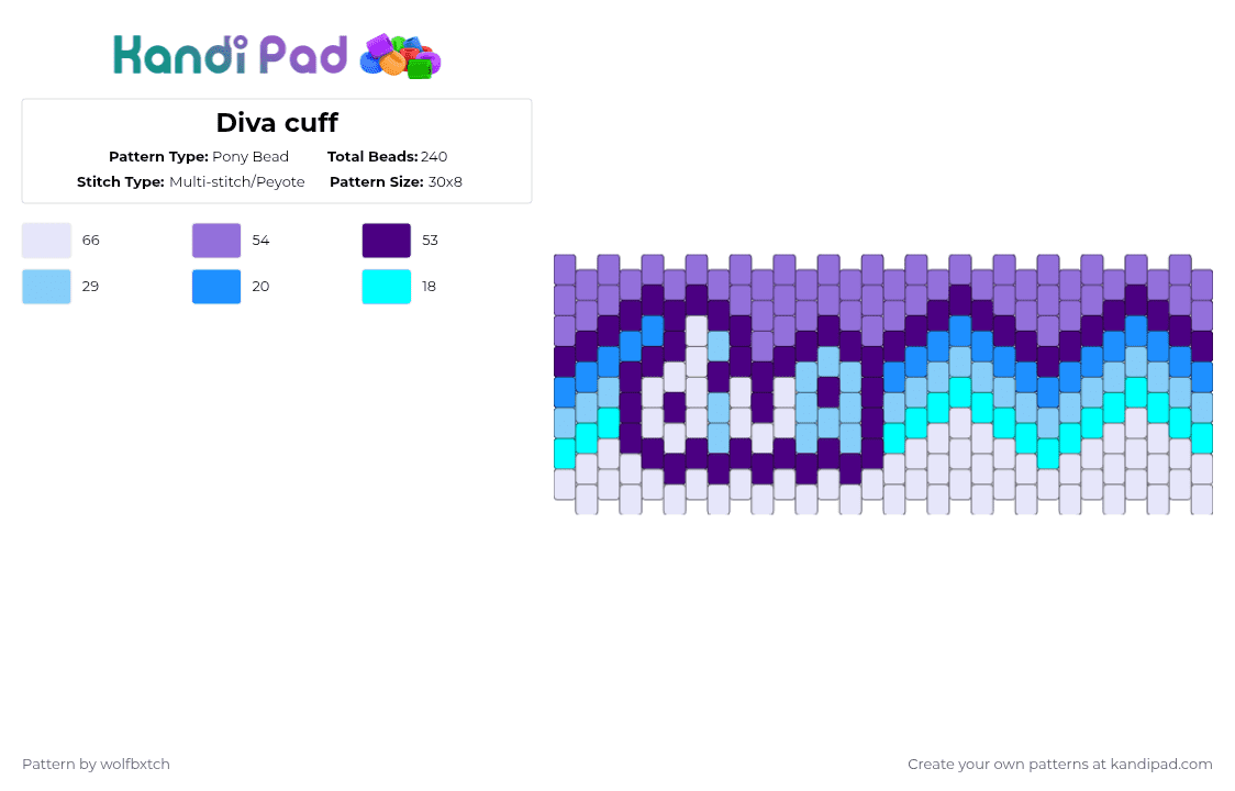 Diva cuff - Pony Bead Pattern by wolfbxtch on Kandi Pad - light blue,purple,diva,blue,white,cyan,diamonds,rarity,unicorn