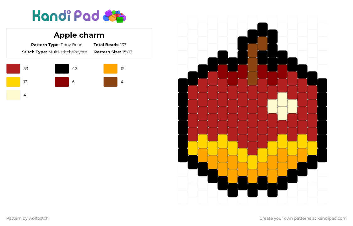 Apple charm - Pony Bead Pattern by wolfbxtch on Kandi Pad - animal crossing,charm,snack,game,gaming,video game,food,red,apple,fruit,yellow,orange,brown,black