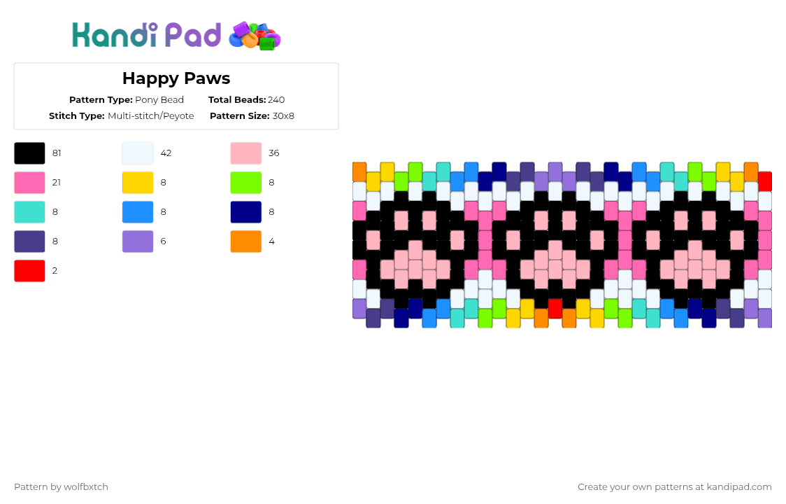 Happy Paws - Pony Bead Pattern by wolfbxtch on Kandi Pad - light blue,purple,pink,paws,animal,cat,dog,rainbow,furry,therian,happy