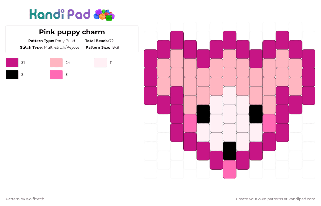Pink puppy charm - Pony Bead Pattern by wolfbxtch on Kandi Pad - puppy,charm,head,cute,pet,canine,animal,pink,dog,white,black