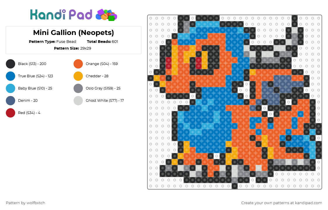 Mini Gallion (Neopets) - Fuse Bead Pattern by wolfbxtch on Kandi Pad - orange,blue,gallion,petpet,dragon,neopet,lizard,red