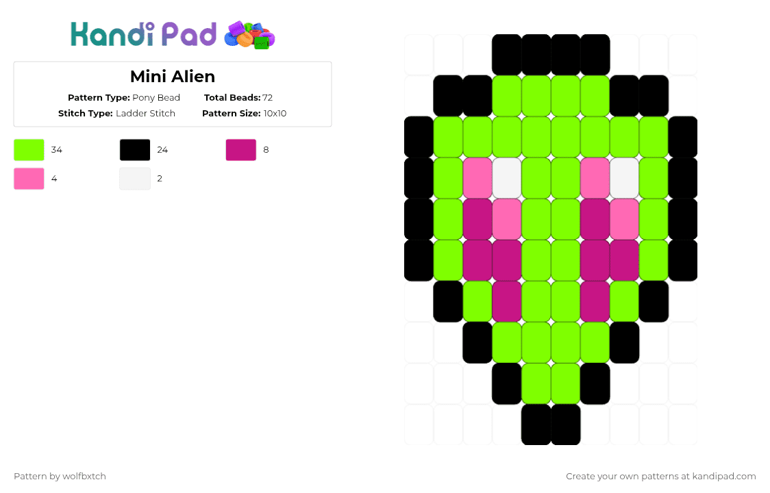 Mini Alien - Pony Bead Pattern by wolfbxtch on Kandi Pad - green,pink,alien