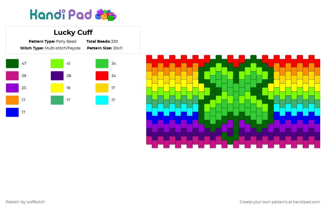Lucky Cuff - Pony Bead Pattern by wolfbxtch on Kandi Pad - green,purple,cotdluck,clover,lucky,leaf,rainbow