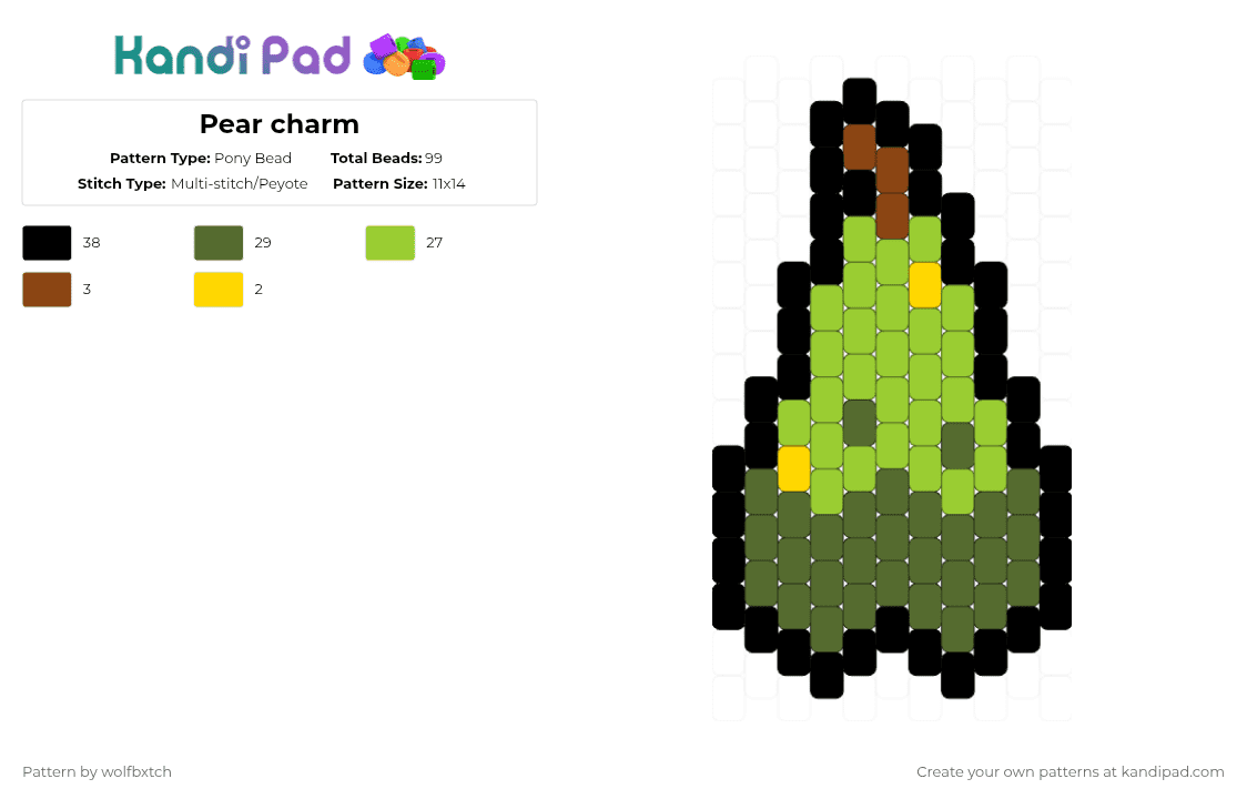 Pear charm - Pony Bead Pattern by wolfbxtch on Kandi Pad - animal crossing,charm,game,gaming,video game,food,green,gold,pear,fruit,yellow,brown,black