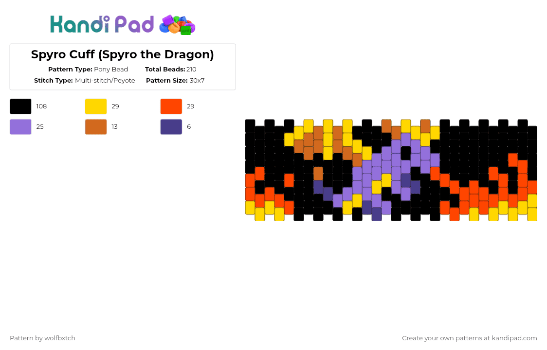 Spyro Cuff (Spyro the Dragon) - Pony Bead Pattern by wolfbxtch on Kandi Pad - black,yellow,purple,red,spyro,dragon,fire,spyro the dragon,orange
