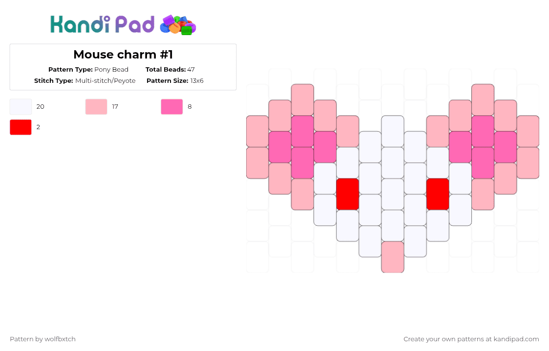 Mouse #1 - Pony Bead Pattern by wolfbxtch on Kandi Pad - pink,mouse,rat,rodent,white,red