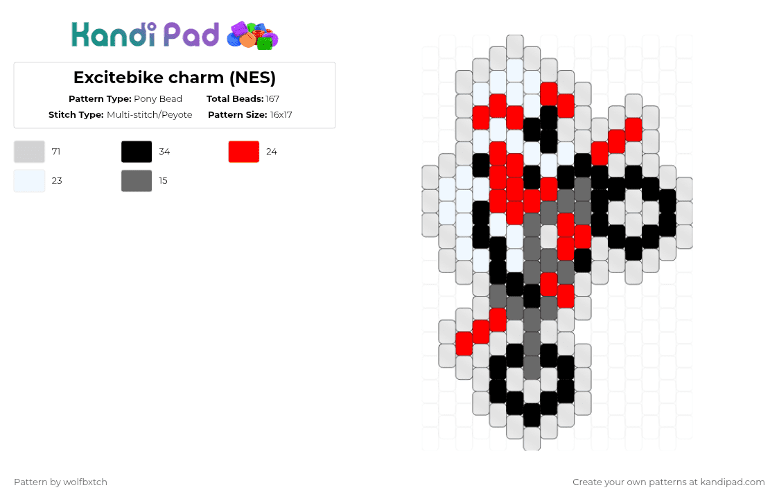 Excitebike charm (NES) - Pony Bead Pattern by wolfbxtch on Kandi Pad - excitebike,charm,classic,nostalgia,retro,nes,video game,nintendo,gaming,white,red,gray,cotdcycling,bike,motorbike,motorcycle,black