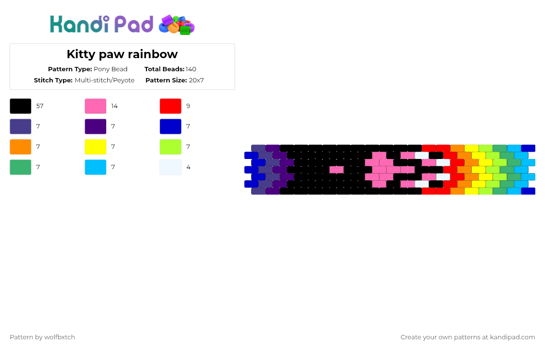 Kitty paw rainbow - Pony Bead Pattern by wolfbxtch on Kandi Pad - black,purple,pink,green