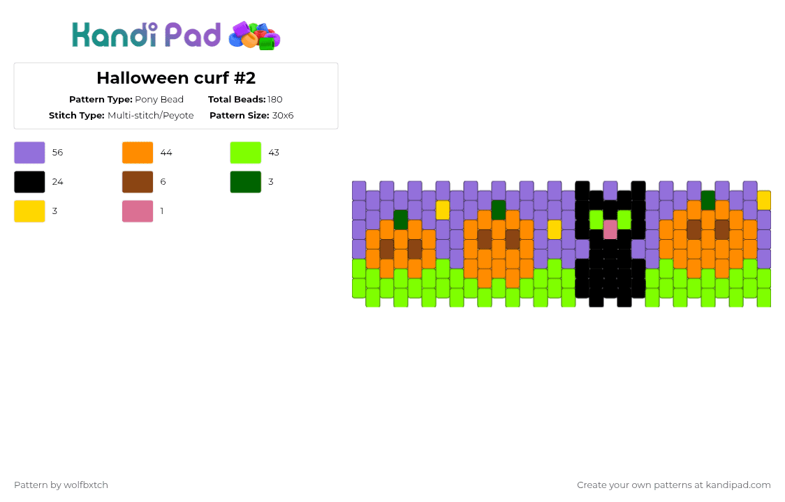 Halloween cuff #2 - Pony Bead Pattern by wolfbxtch on Kandi Pad - halloween,animal,field,kitty,costume,holiday,spooky,purple,green,orange,cat,pumpkin,black