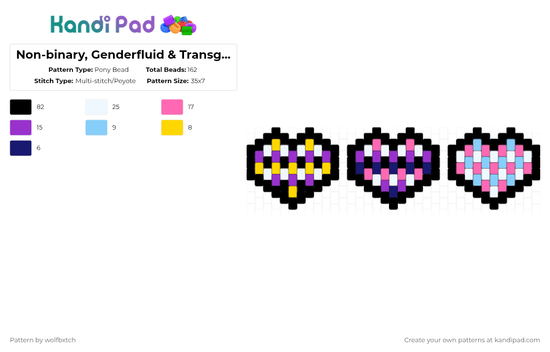 Non-binary, Genderfluid & Transgender hearts - Pony Bead Pattern by wolfbxtch on Kandi Pad - black,purple,pink,nonbinary,genderfluid,transgender,pride,flag,heart,charm