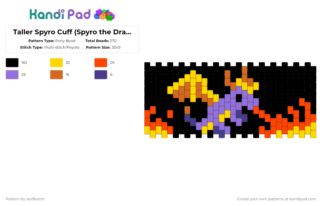 Taller Spyro Cuff (Spyro the Dragon) - Pony Bead Pattern by wolfbxtch on Kandi Pad - black,yellow,purple,red,spyro,dragon,fire,spyro the dragon,orange