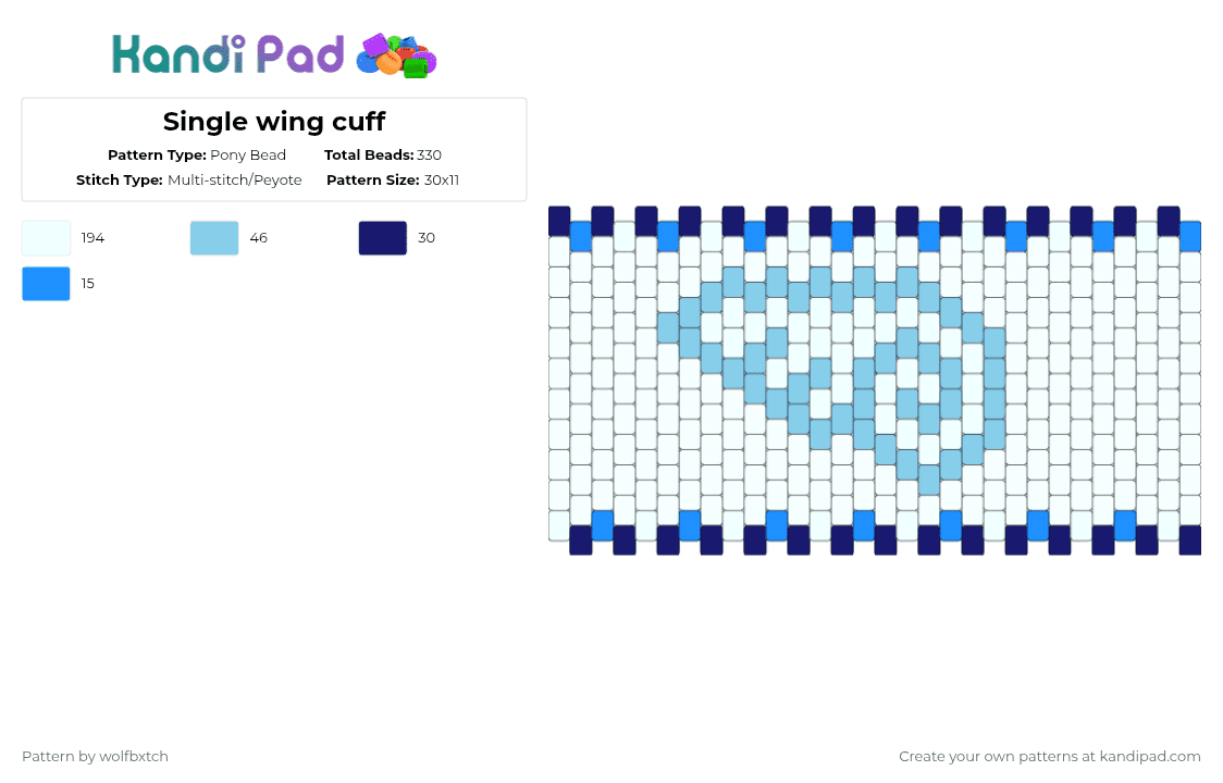 Single wing cuff - Pony Bead Pattern by wolfbxtch on Kandi Pad - white,light blue,purple,wing,wings,angel,blue,sky blue,clear