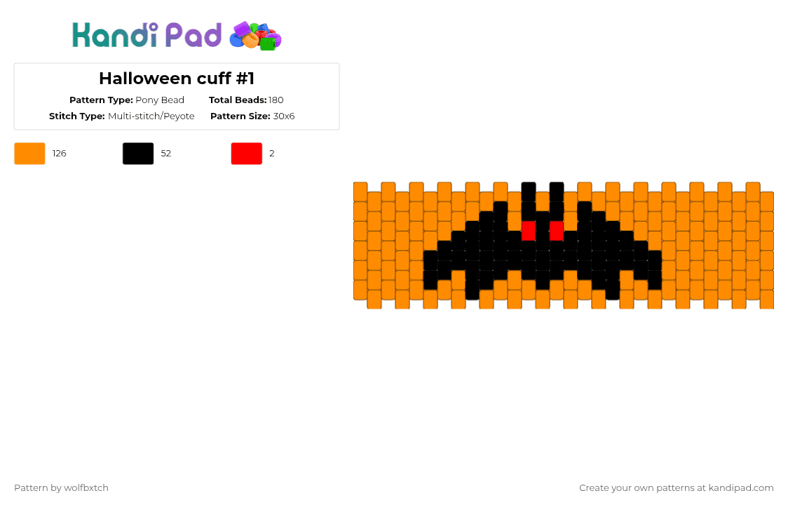 Halloween cuff #1 - Pony Bead Pattern by wolfbxtch on Kandi Pad - orange,bat,halloween,animal,black,red