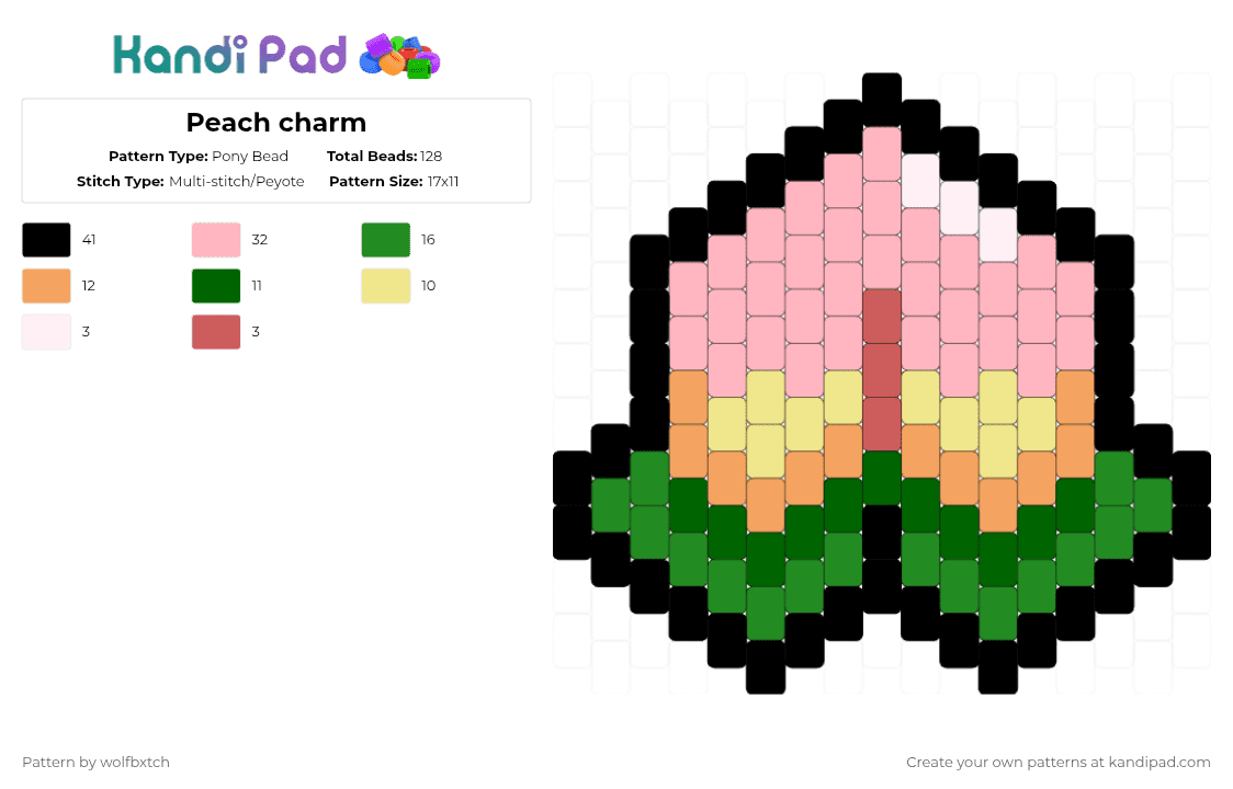 Peach charm - Pony Bead Pattern by wolfbxtch on Kandi Pad - animal crossing,charm,game,cartoon,gaming,video game,food,pink,green,peach,fruit,plant,yellow,leaf