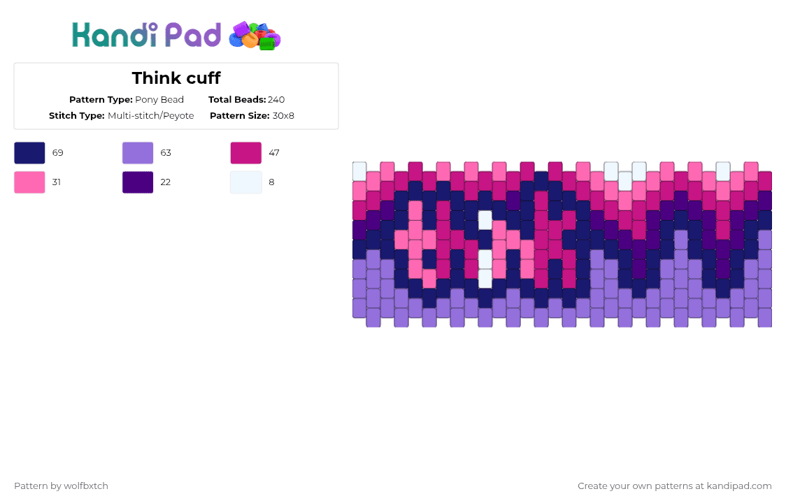 Think cuff - Pony Bead Pattern by wolfbxtch on Kandi Pad - purple,pink,think,white,blue,trippy,twilightsparkle,twilight