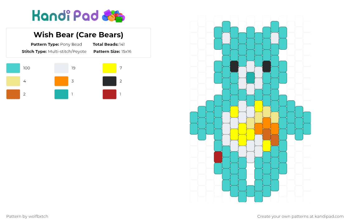Wish Bear (Care Bears) - Pony Bead Pattern by wolfbxtch on Kandi Pad - light blue,wish bear,care bear,bear,animal,teal,green,blue,yellow