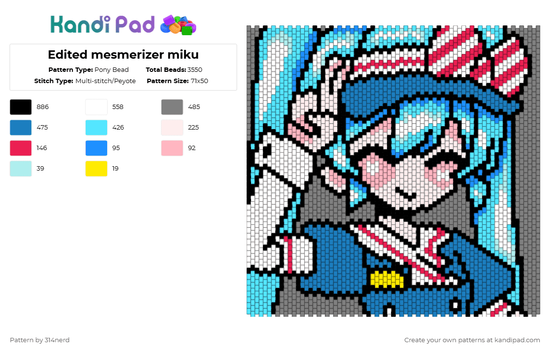 Edited mesmerizer miku - Pony Bead Pattern by 314nerd on Kandi Pad - light blue,gray,blue