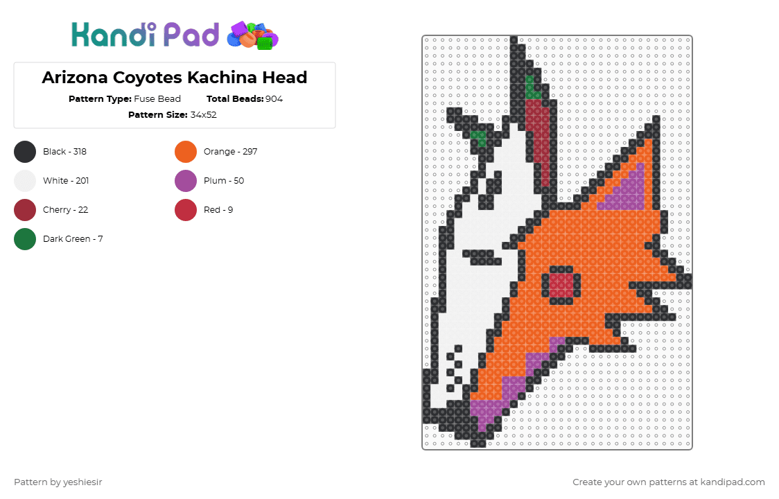 Arizona Coyotes Kachina Head - Fuse Bead Pattern by yeshiesir on Kandi Pad - sports,orange,nhl,hockey,arizona,coyotes