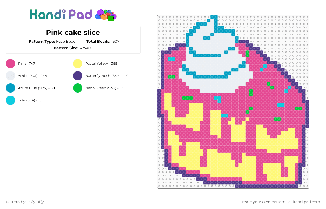 Pink cake slice - Fuse Bead Pattern by leafytaffy on Kandi Pad - pink,yellow,food,cake