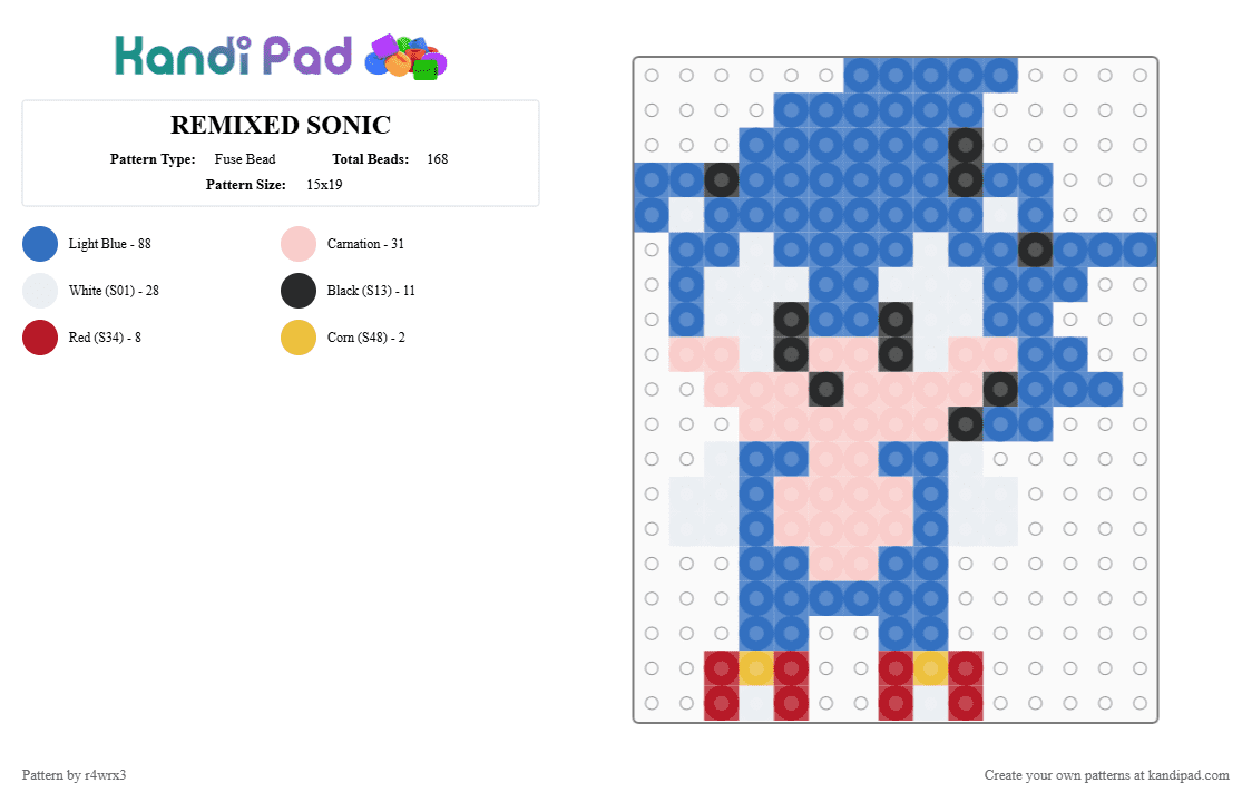 REMIXED SONIC - Fuse Bead Pattern by r4wrx3 on Kandi Pad - blue,beige,sonic,tan,shoes,red,white,yellow,plur