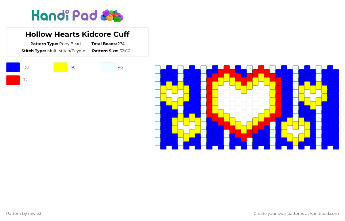 Hollow Hearts Kidcore Cuff - Pony Bead Pattern by r4wrx3 on Kandi Pad - purple,primarycolors,kidcore,red,blue,yellow,white,hearts,rad