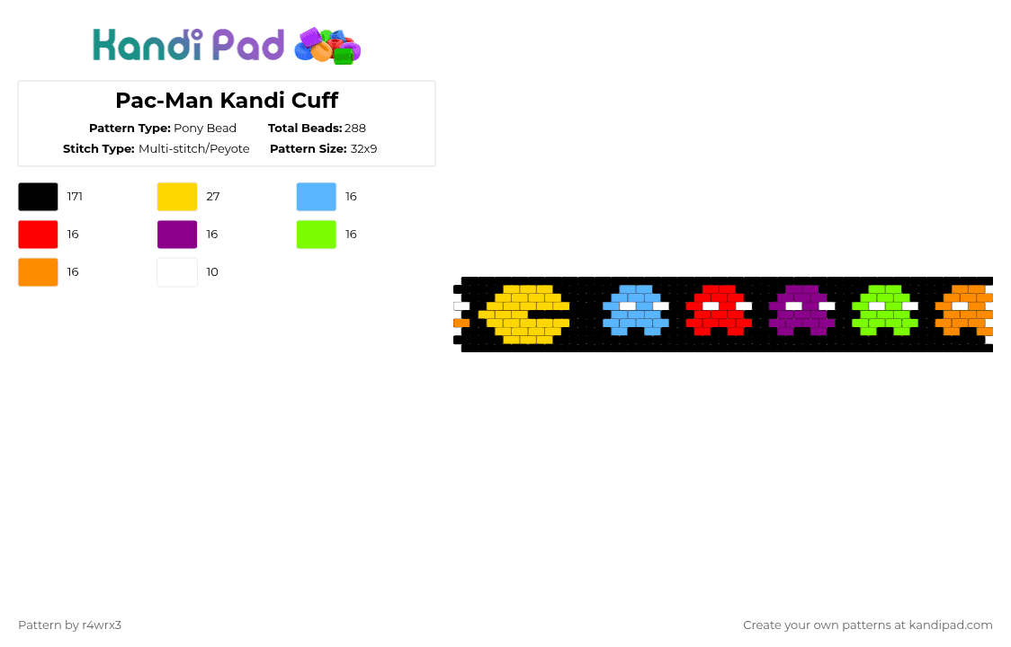 Pac-Man Kandi Cuff - Pony Bead Pattern by r4wrx3 on Kandi Pad - black,yellow,cotdarcade,pacman ghosts videogame