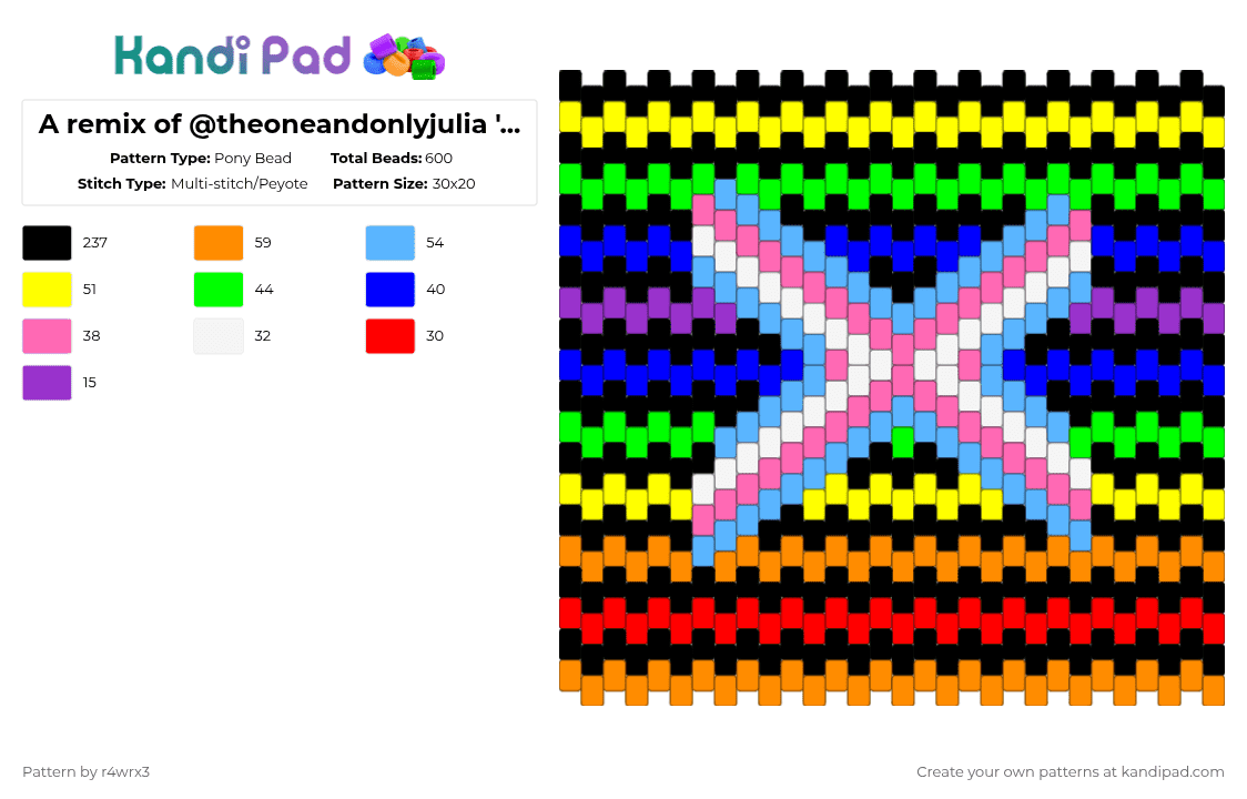 A remix of @theoneandonlyjulia \'s pattern X3 - Pony Bead Pattern by r4wrx3 on Kandi Pad - light blue,green,colorful,star,heppy,yay,rainbow,bag
