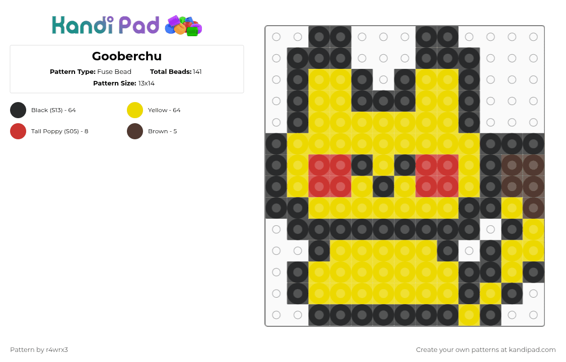 Gooberchu - Fuse Bead Pattern by r4wrx3 on Kandi Pad - yellow,pokemon,pikachu,red,black,brown