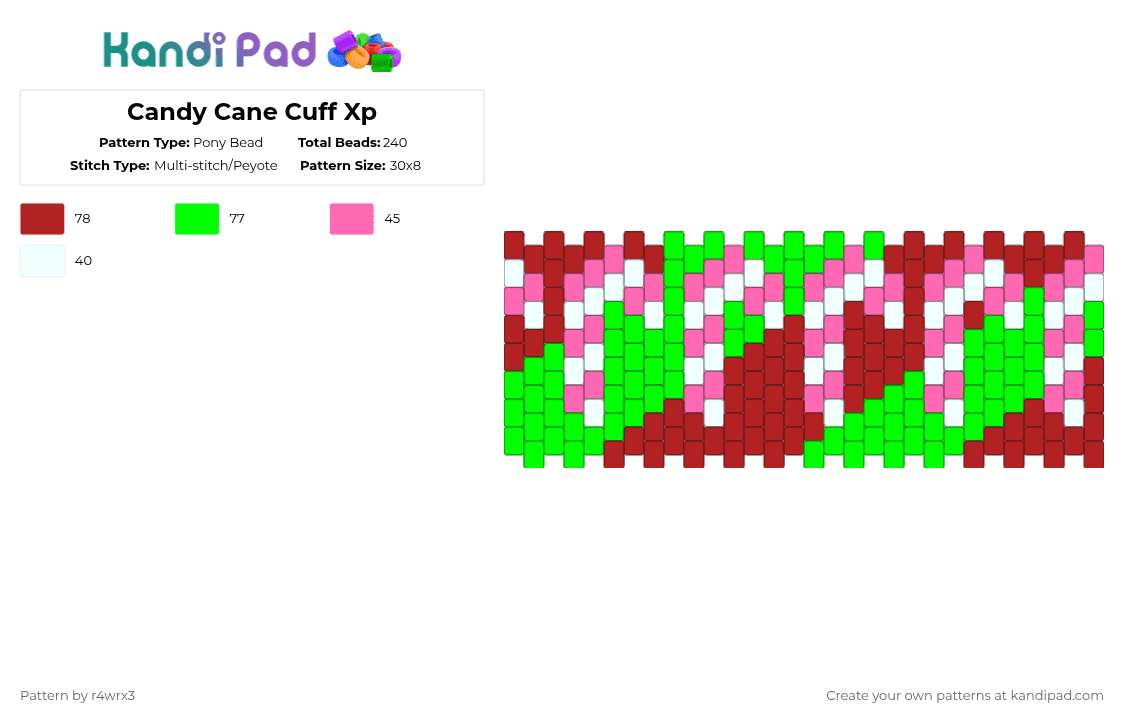 Candy Cane Cuff Xp - Pony Bead Pattern by r4wrx3 on Kandi Pad - red,green,christmas,food,stripes,candycane,white,pink