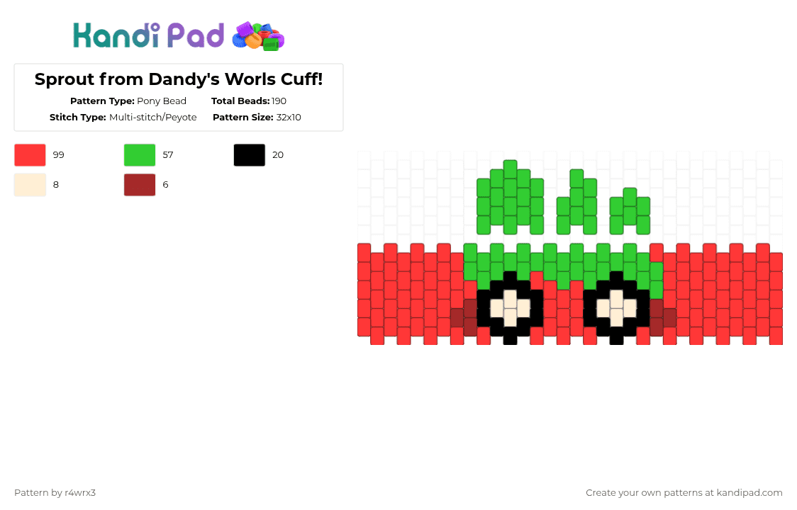 Sprout from Dandy\'s World Cuff! - Pony Bead Pattern by r4wrx3 on Kandi Pad - red,green,colors,dandysworld,strawberry,sprout,rad,toocoolforschool,dandy