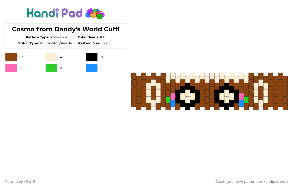 Cosmo from Dandy\'s World Cuff! - Pony Bead Pattern by r4wrx3 on Kandi Pad - red,beige,colors,dandysworld,rad,toocoolforschool,dandy,cosmo,brown,cake