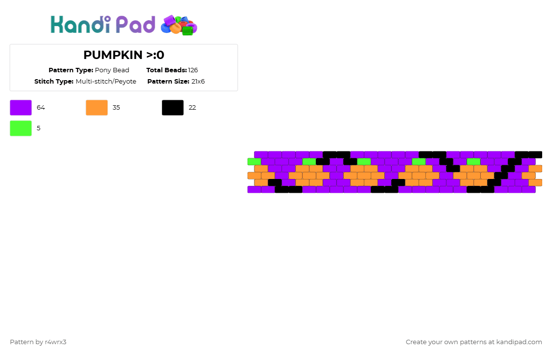 PUMPKIN >:0 - Pony Bead Pattern by r4wrx3 on Kandi Pad - purple,orange,halloween,pumpkin,spooky,halloweencuff,peyotecuff,multistitch