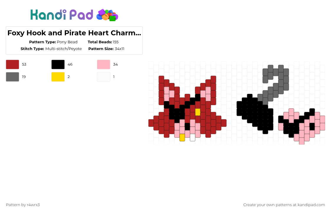 Foxy Hook and Pirate Heart Charms :3 - Pony Bead Pattern by r4wrx3 on Kandi Pad - red,pink,fnaf,valentinesday,pirate,foxy,hook,eyepatch