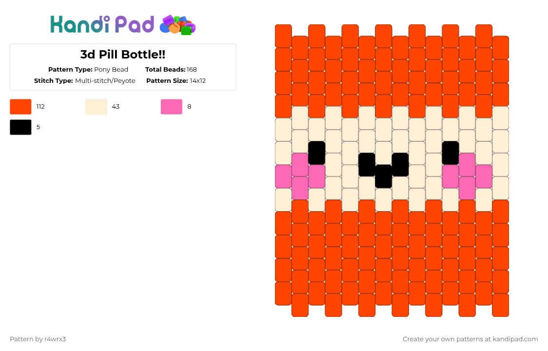 3d Pill Bottle!! - Pony Bead Pattern by r4wrx3 on Kandi Pad - cute, orange, pill, pillbottle, red, verticalpeyote