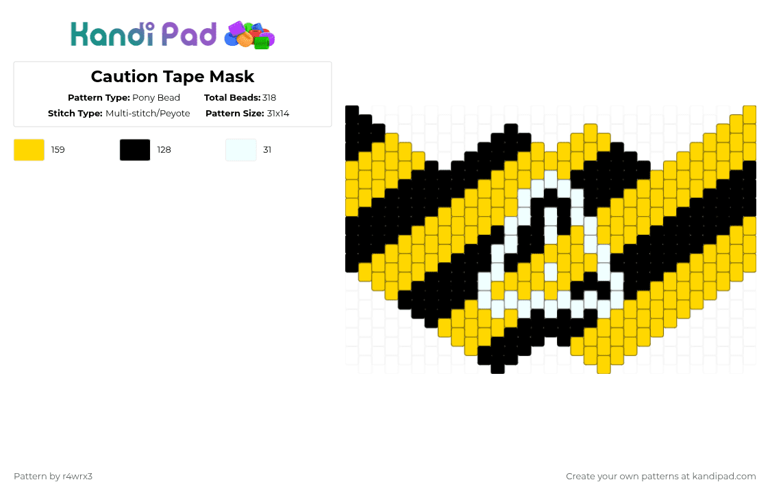 Caution Tape Mask - Pony Bead Pattern by r4wrx3 on Kandi Pad - yellow,cautiontape,caution,black,stripes,hazard,mask,gasmask