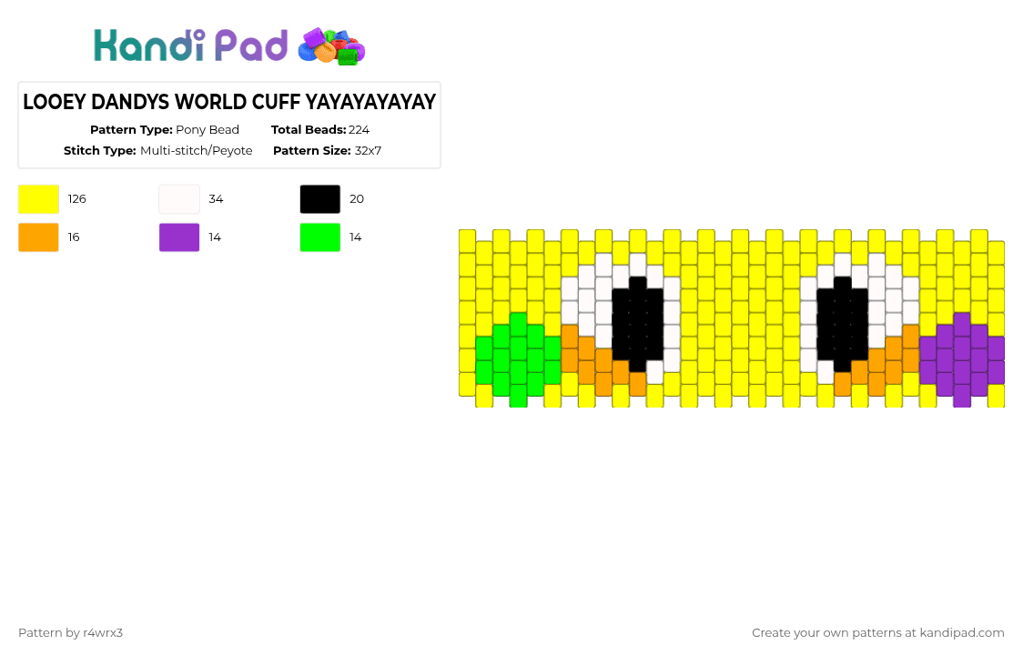 LOOEY DANDYS WORLD PANEL/CUFF YAYAYAYAYAY - Pony Bead Pattern by r4wrx3 on Kandi Pad - yellow,dandysworld,looey,purple,green,peakfiction,videogames,gamer