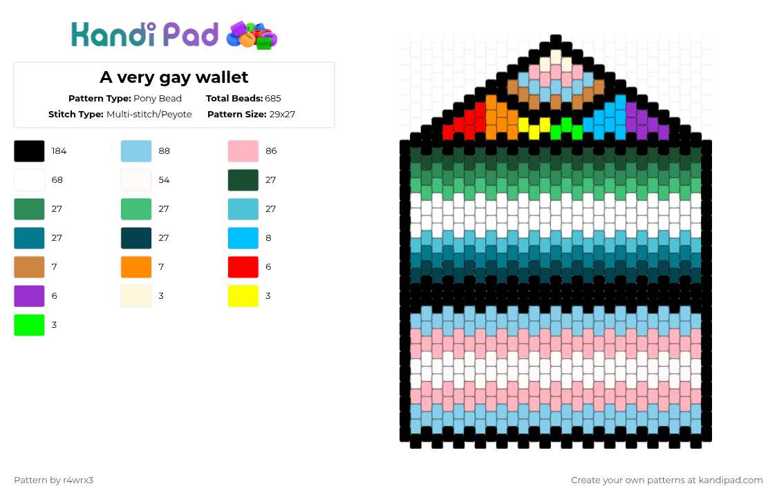 A very gay wallet - Pony Bead Pattern by r4wrx3 on Kandi Pad - light blue,pink,teal,gay,wallet,pride,trans,rainbow,accepting,colorful