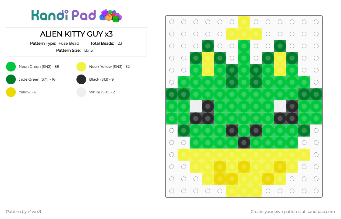 ALIEN KITTY GUY x3 - Fuse Bead Pattern by r4wrx3 on Kandi Pad - green,yellow,alien,kitty,cat,black,gnarpy