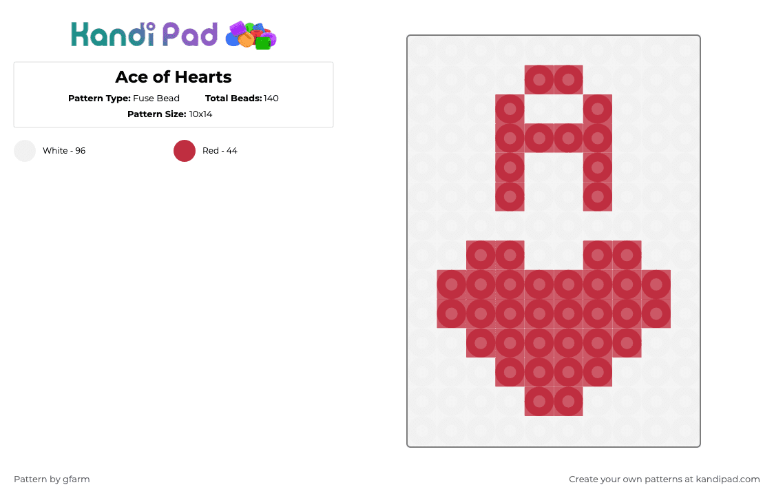 Ace of Hearts - Fuse Bead Pattern by gfarm on Kandi Pad - white,red