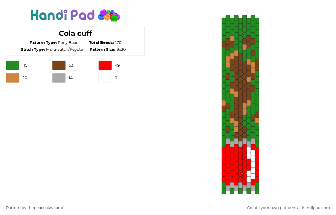 Cola cuff - Pony Bead Pattern by thepeacockwkandi on Kandi Pad - red,brown,green,cola,can,cola can,soda,cuff,soda can