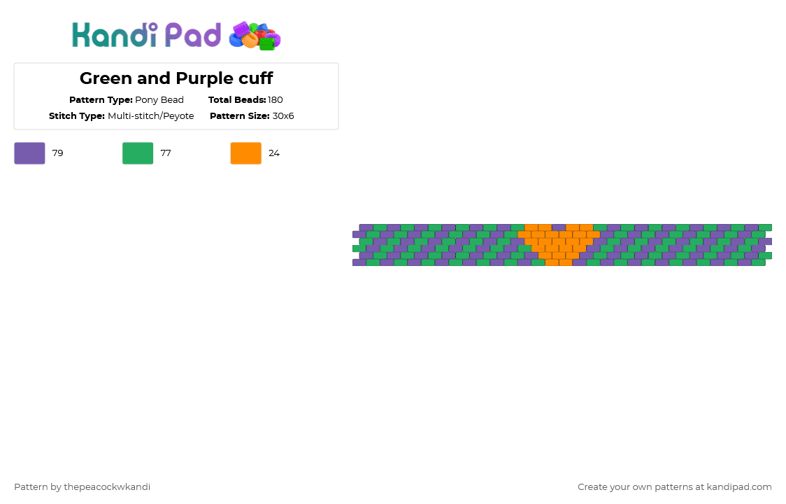 Green and Purple cuff - Pony Bead Pattern by thepeacockwkandi on Kandi Pad - purple,green