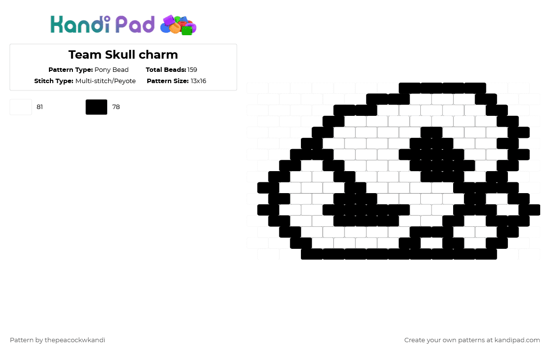 Team Skull charm - Pony Bead Pattern by thepeacockwkandi on Kandi Pad - black,white,pokemon,skull,team skull