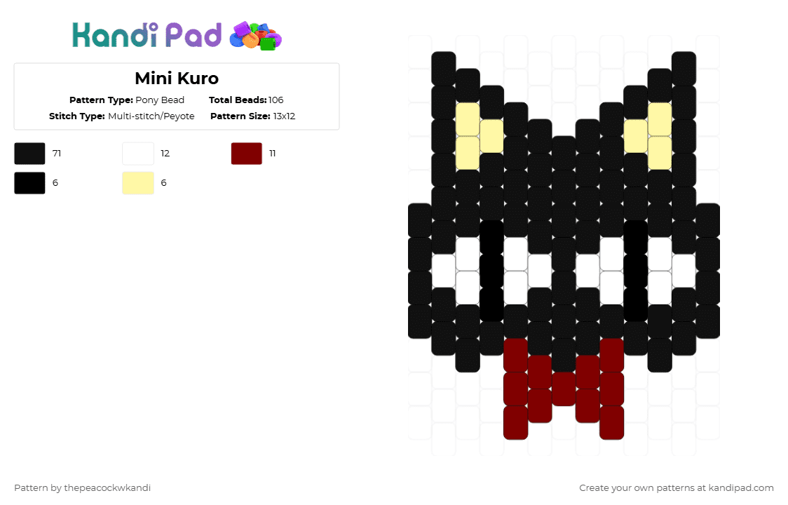Mini Kuro - Pony Bead Pattern by thepeacockwkandi on Kandi Pad - black, black cat, brown, cat, domo demo issyo, yellow