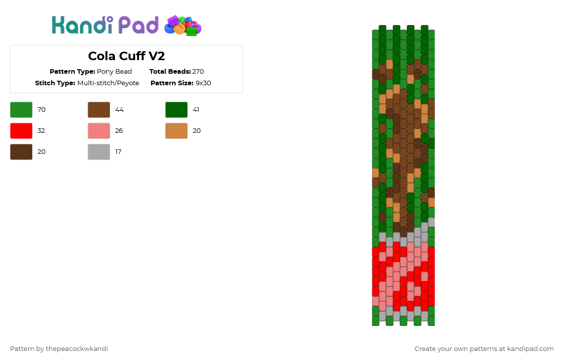 Cola Cuff V2 - Pony Bead Pattern by thepeacockwkandi on Kandi Pad - green,brown,red,cola,can,cola can