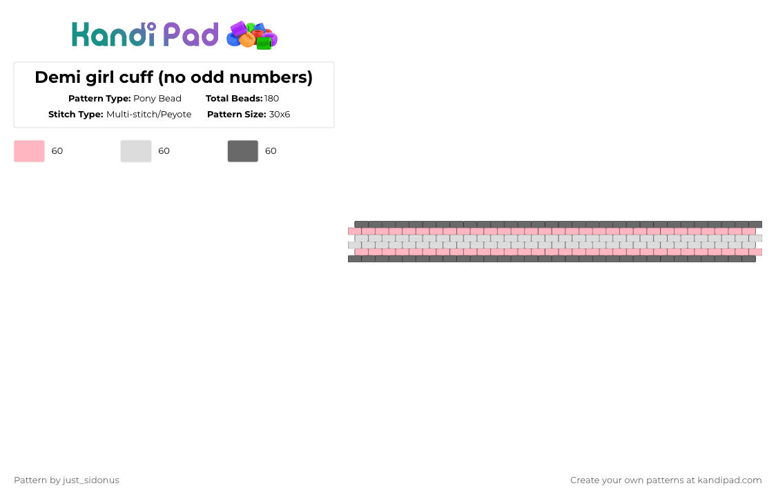 Demi girl cuff (no odd numbers) - Pony Bead Pattern by just_sidonus on Kandi Pad - pink,gray,demigirl